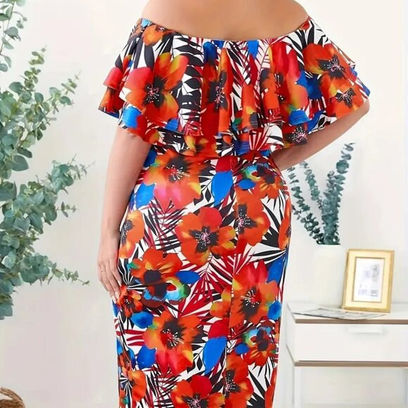 Women's Plus Size Off the Shoulder Floral Print Bodycon Holiday Summer Dress 20W - Picture 3 of 7